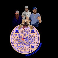 a qr code with a group of men and a dog