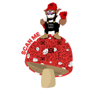 a cartoon character sitting on top of a mushroom with a qr code