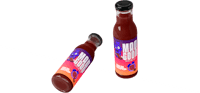 a bottle of red liquid with a label on it