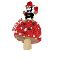 a cartoon character sitting on top of a mushroom with a qr code